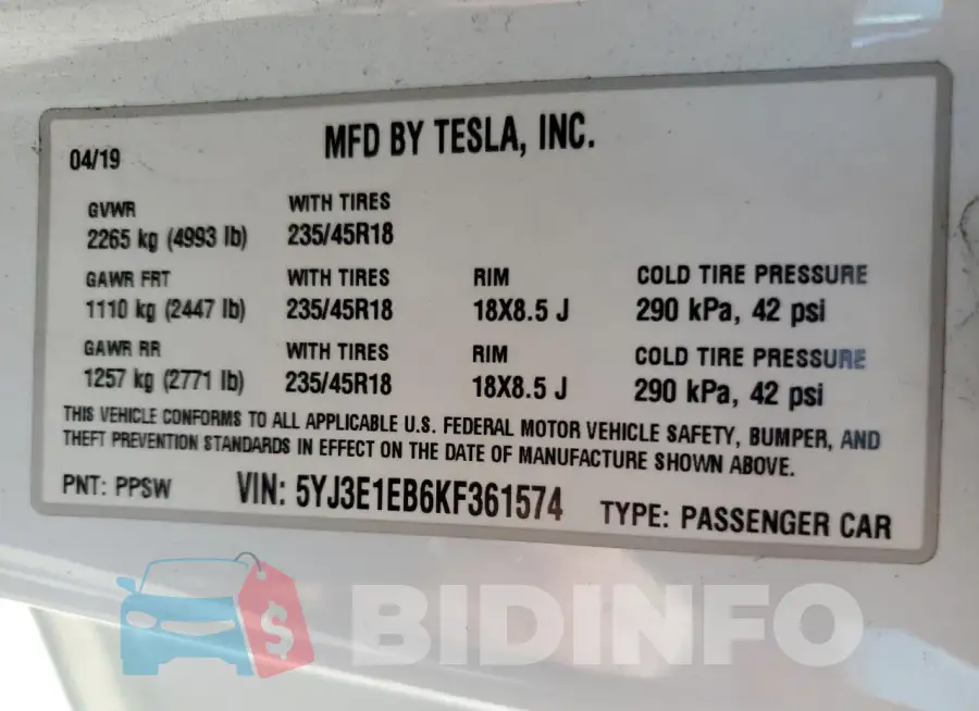 5YJ3E1EB6KF361574 Photo# 12