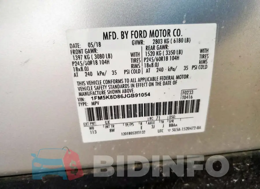1FM5K8D86JGB91054 Photo# 14