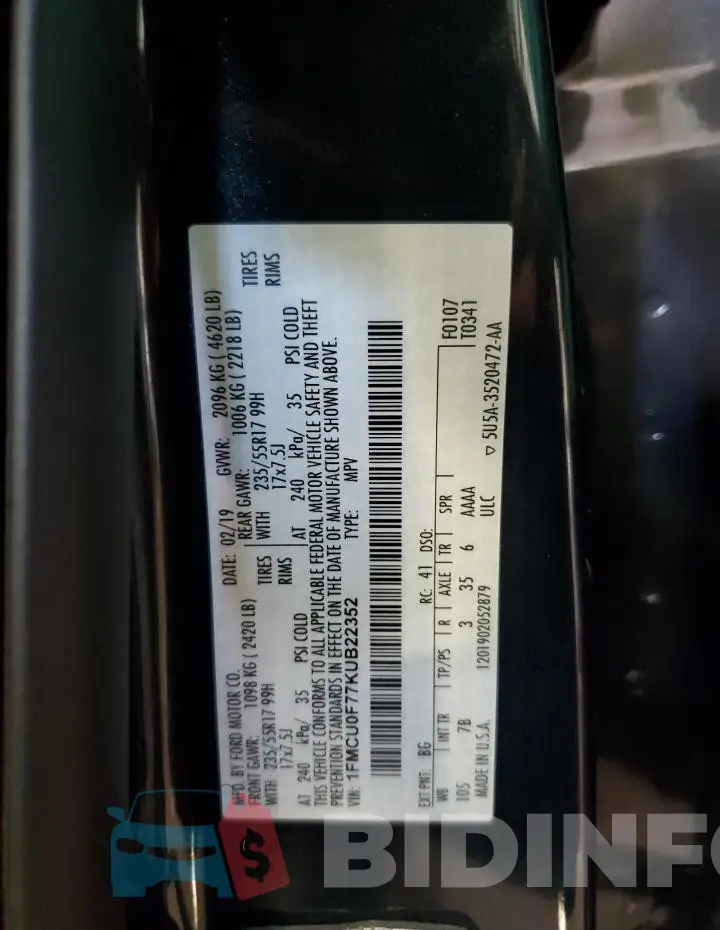 1FMCU0F77KUB22352 Photo# 13