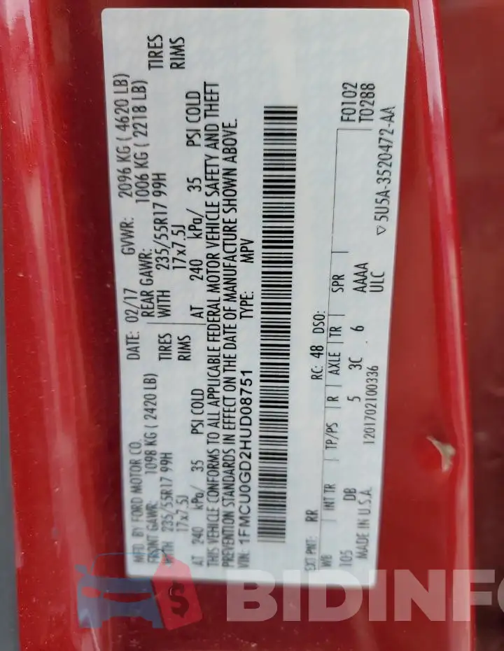 1FMCU0GD2HUD08751 Photo# 14