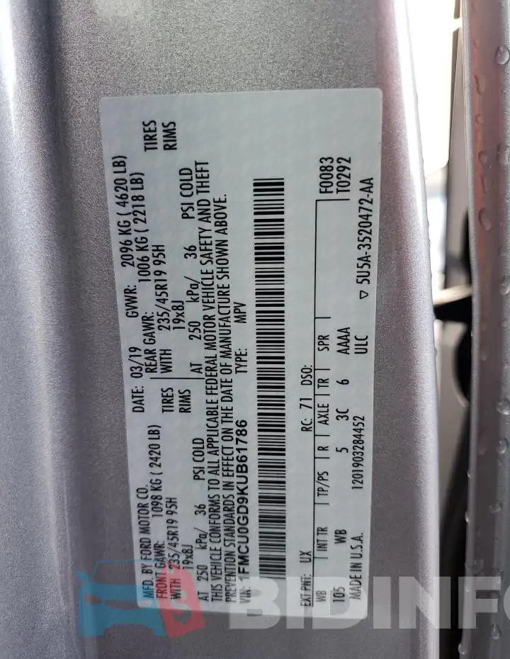 1FMCU0GD9KUB61786 Photo# 13