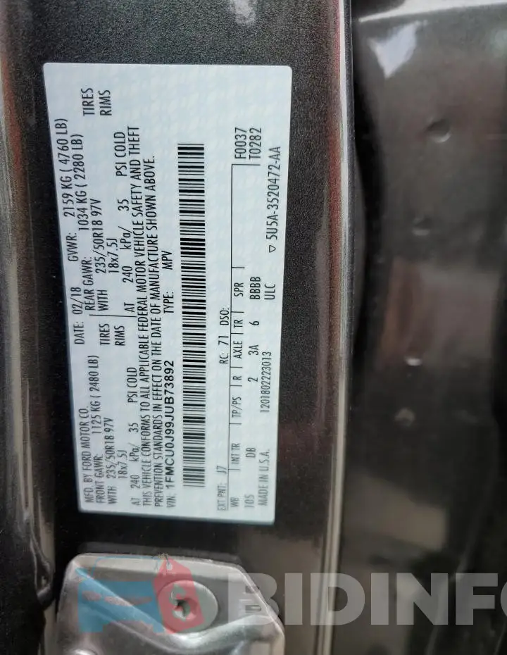 1FMCU0J99JUB73892 Photo# 14