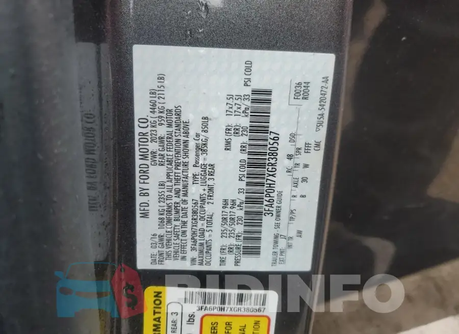 3FA6P0H7XGR380567 Photo# 13
