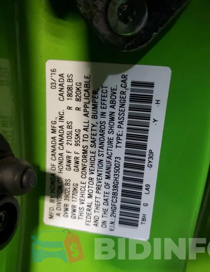 2HGFC3B38GH350073 Photo# 12