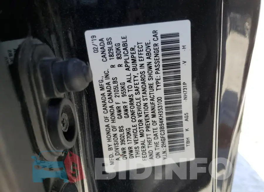 2HGFC3B94KH353100 Photo# 12