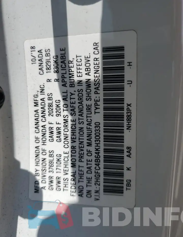 2HGFC4B64KH300330 Photo# 12