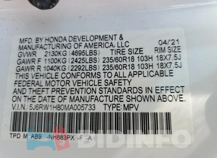 5J6RW1H80MA005733 Photo# 13