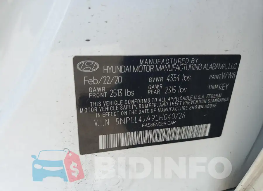 5NPEL4JA9LH040726 Photo# 12