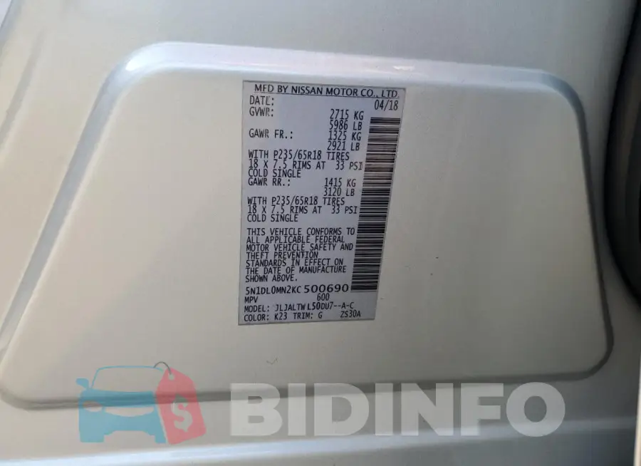 5N1DL0MN2KC500690 Photo# 13