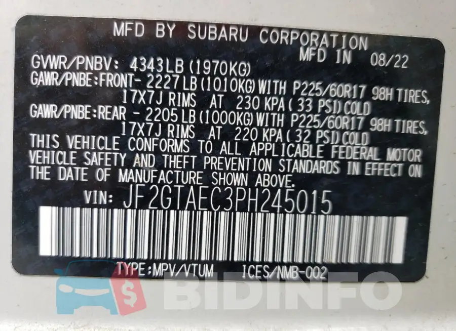 JF2GTAEC3PH245015 Photo# 12