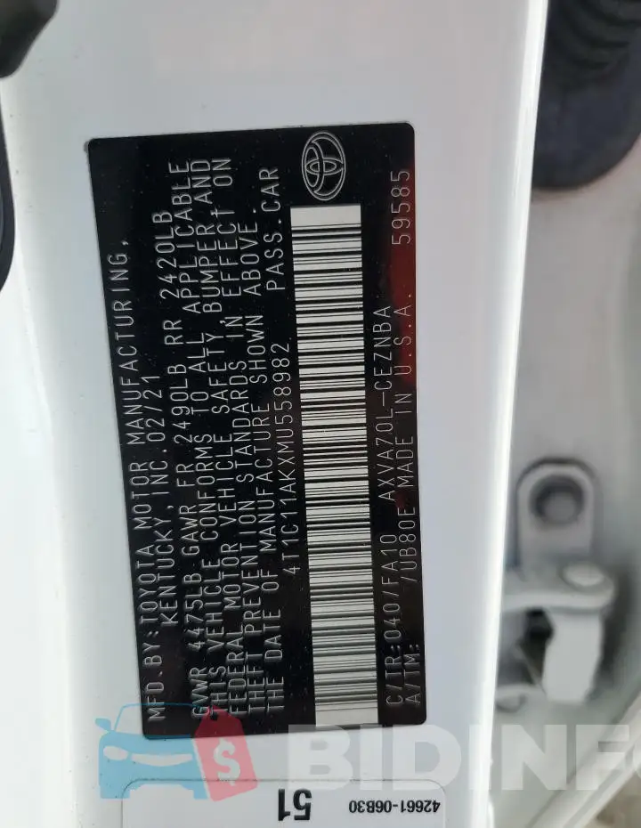 4T1C11AKXMU558982 Photo# 13