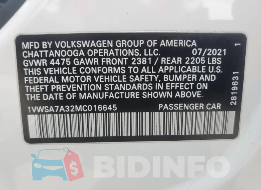 1VWSA7A32MC016645 Photo# 12