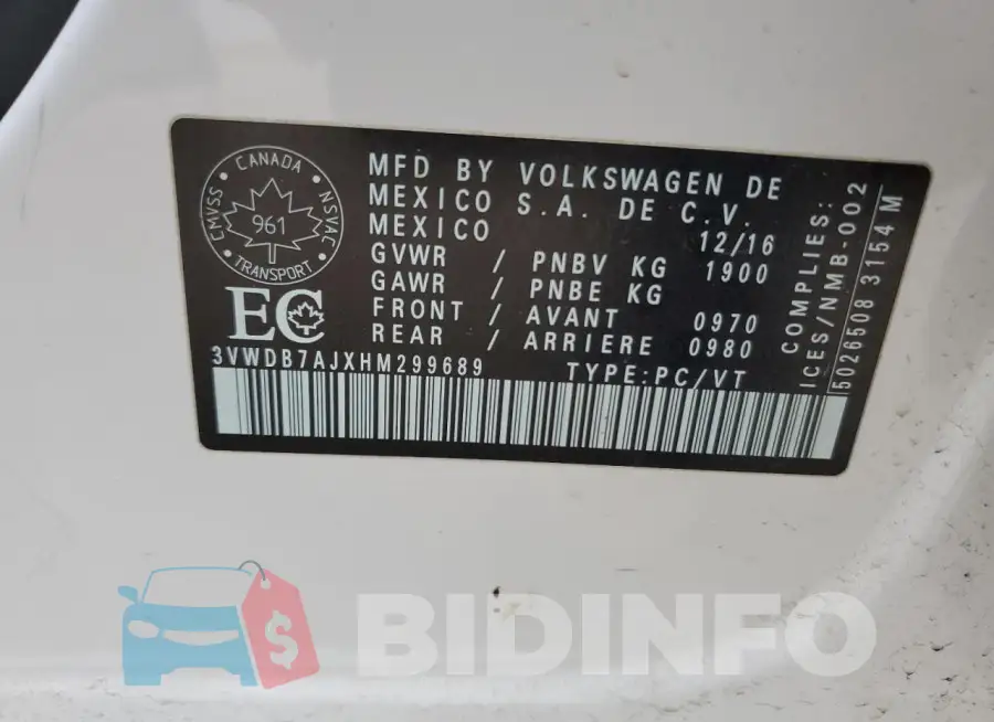 3VWDB7AJXHM299689 Photo# 12
