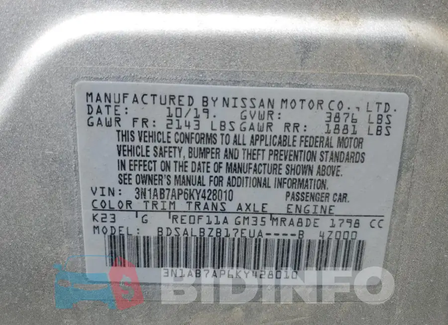 3N1AB7AP6KY428010 Photo# 13