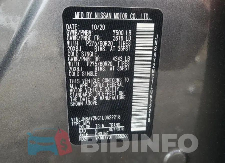 JN8AY2NC1L9622218 Photo# 13