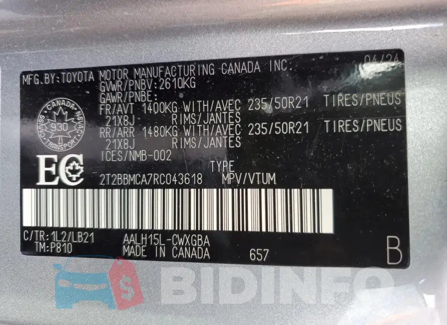 2T2BBMCA7RC043618 Photo# 14