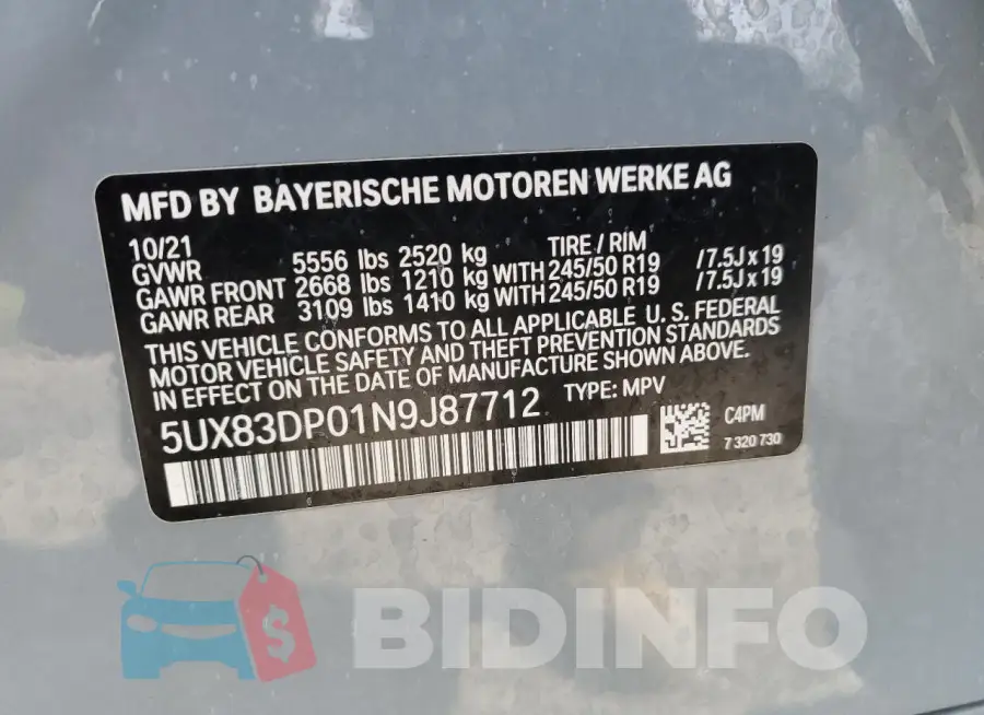 5UX83DP01N9J87712 Photo# 14