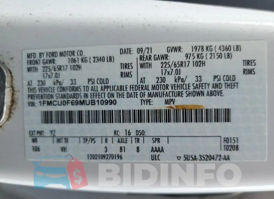 1FMCU0F69MUB10990 Photo# 13