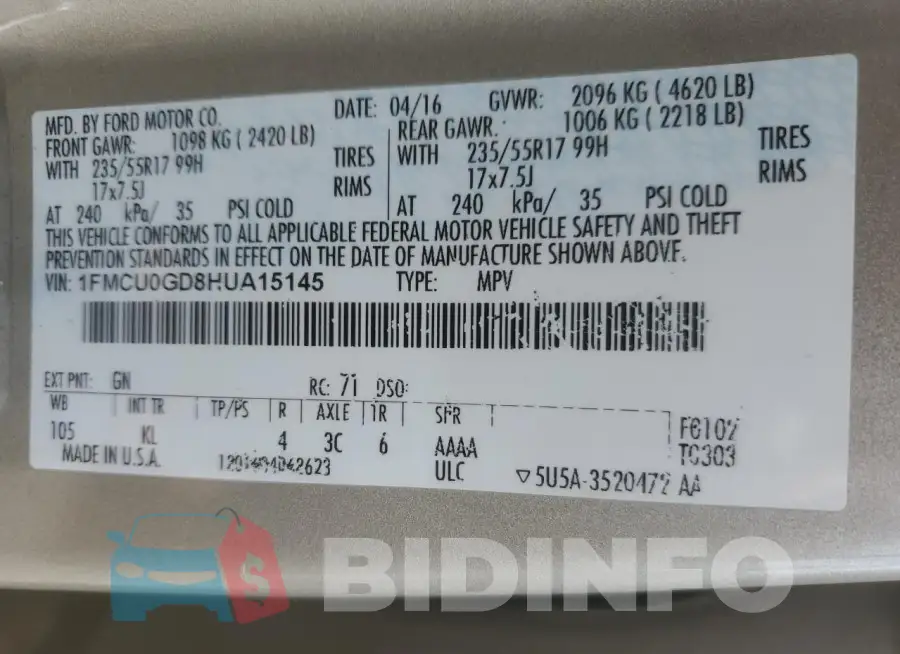 1FMCU0GD8HUA15145 Photo# 13