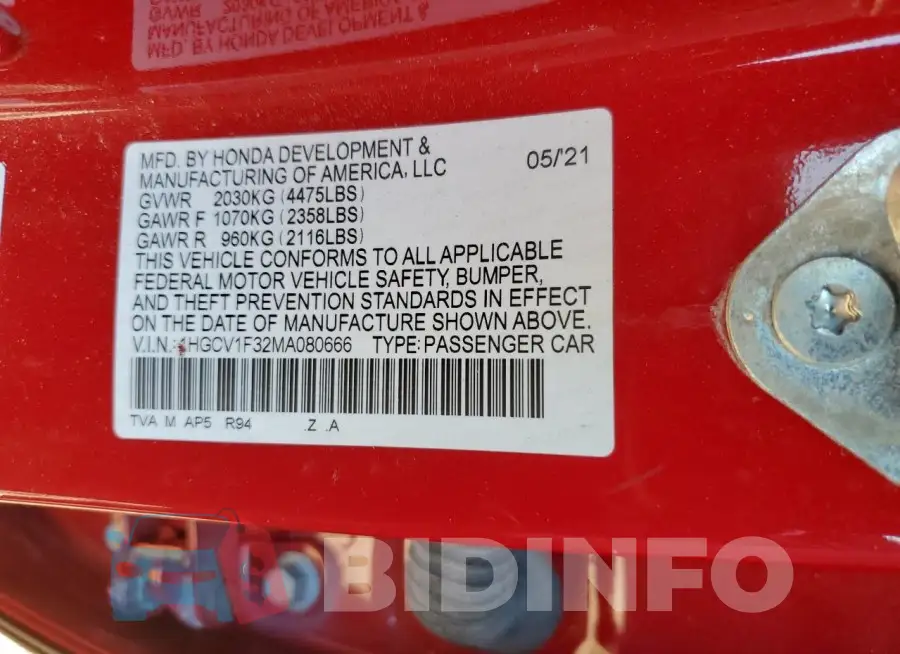 1HGCV1F32MA080666 Photo# 12