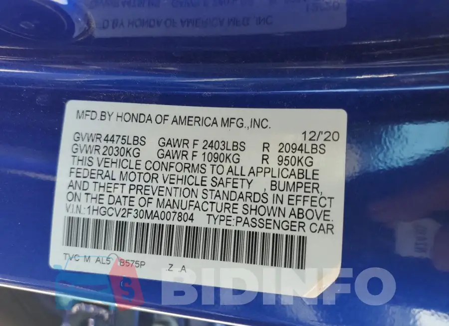 1HGCV2F30MA007804 Photo# 12