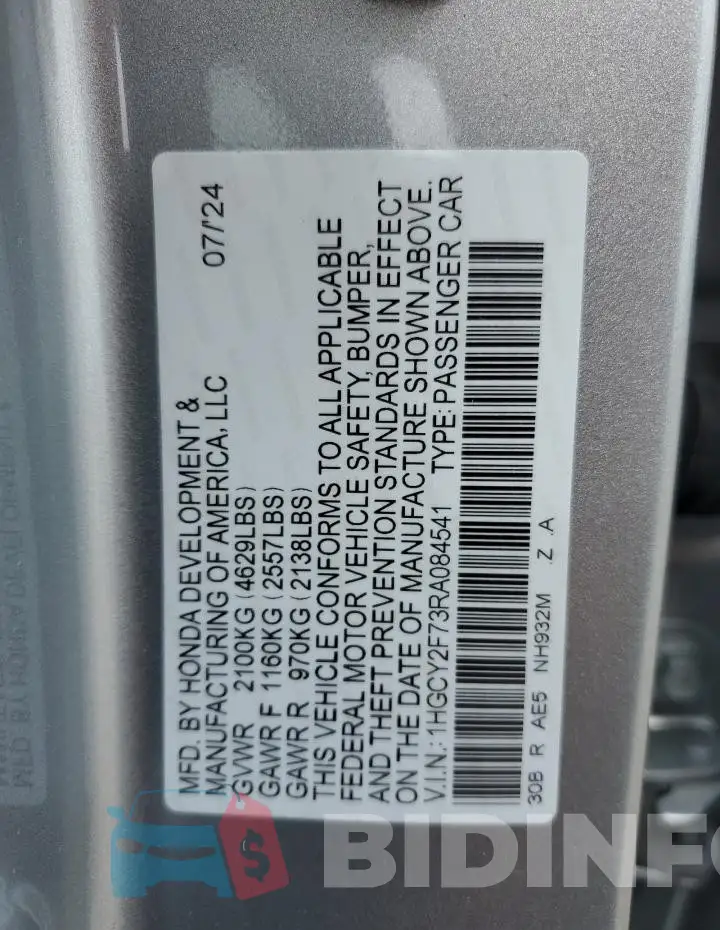 1HGCY2F73RA084541 Photo# 12