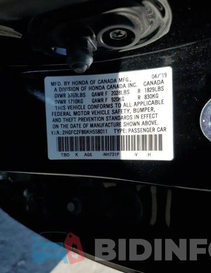2HGFC2F86KH558011 Photo# 12