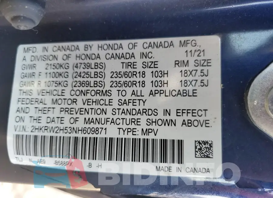 2HKRW2H53NH609871 Photo# 14