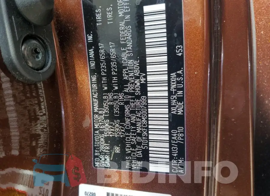 5TDYSKFC8MS007999 Photo# 14