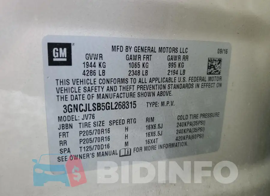 3GNCJLSB5GL268315 Photo# 13