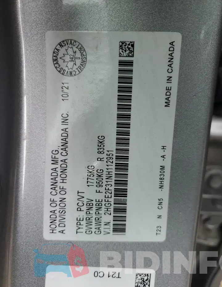 2HGFE2F31NH112951 Photo# 13