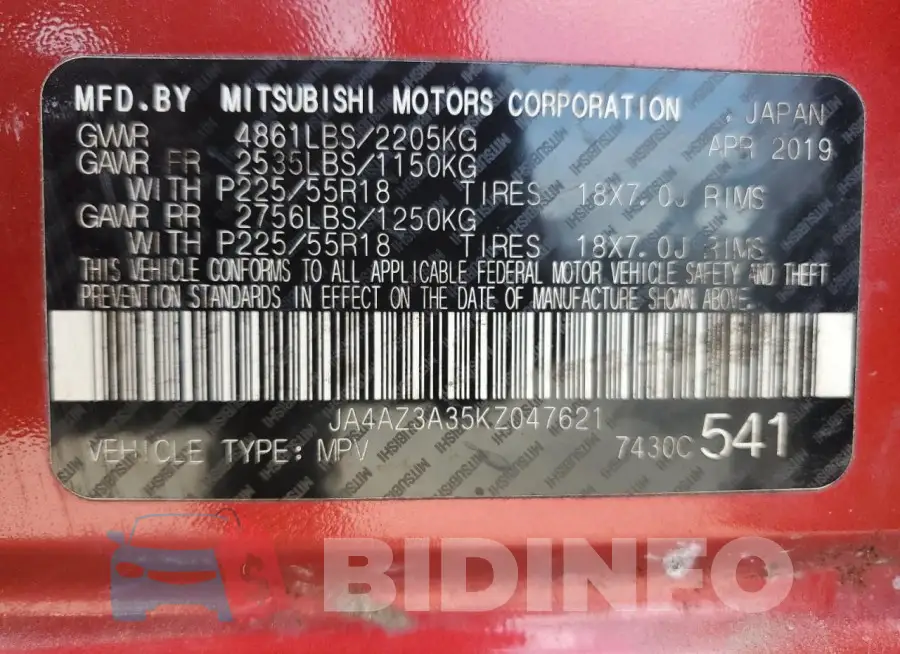 JA4AZ3A35KZ047621 Photo# 13