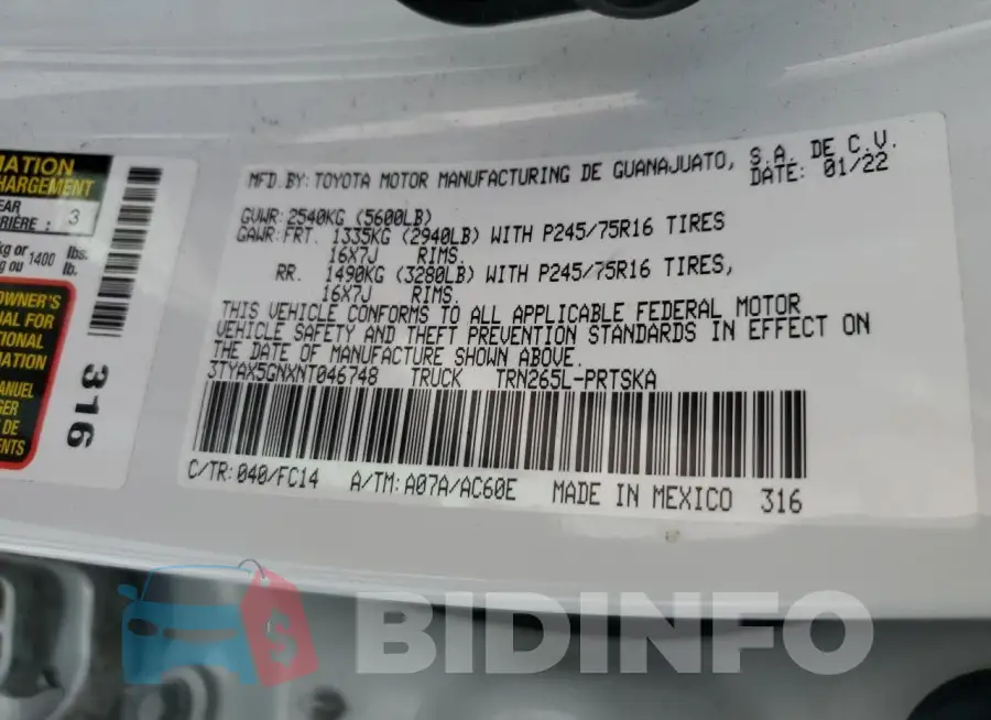 3TYAX5GNXNT046748 Photo# 12