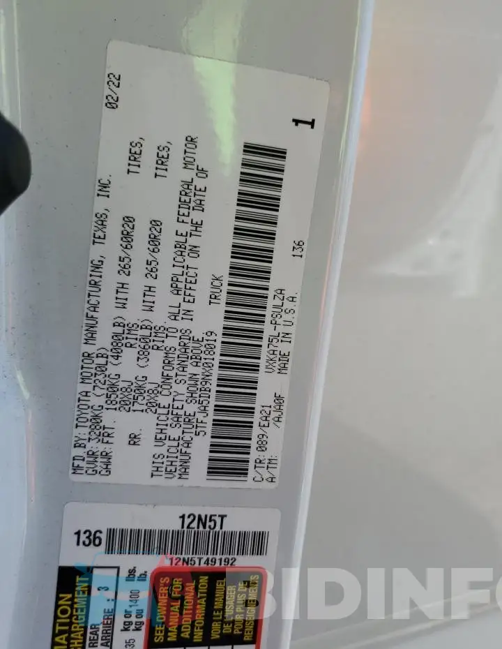 5TFJA5DB9NX018019 Photo# 12