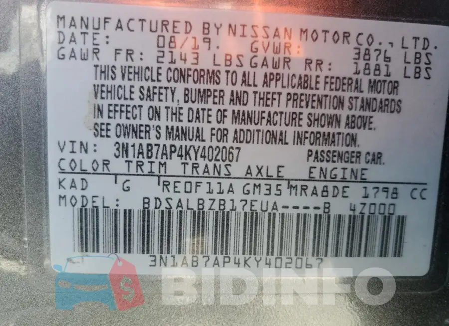 3N1AB7AP4KY402067 Photo# 13