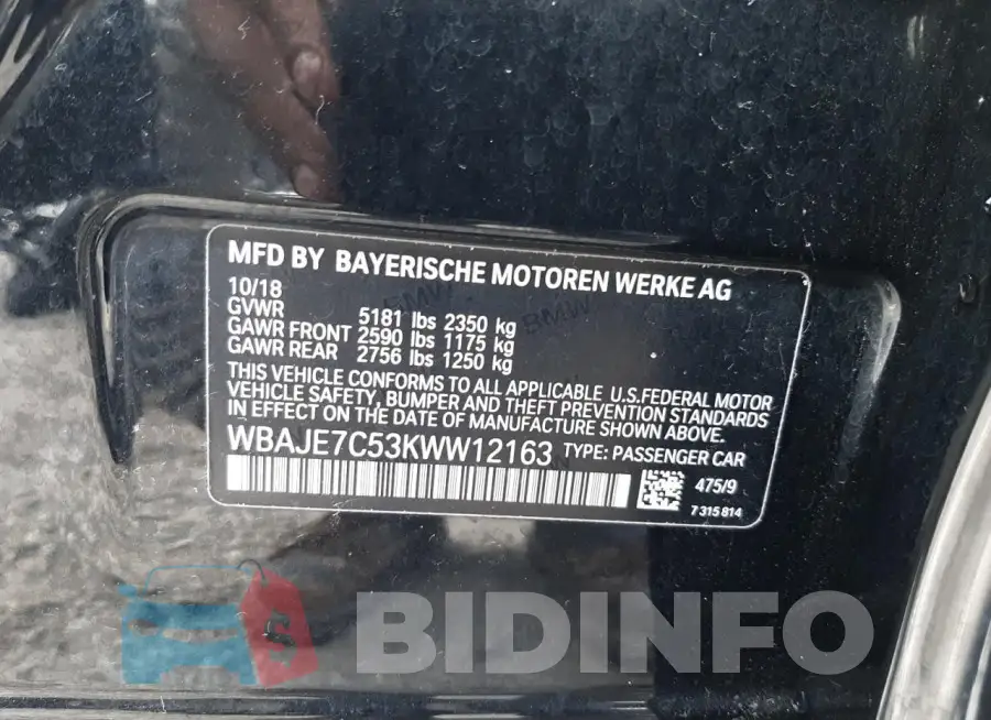 WBAJE7C53KWW12163 Photo# 12