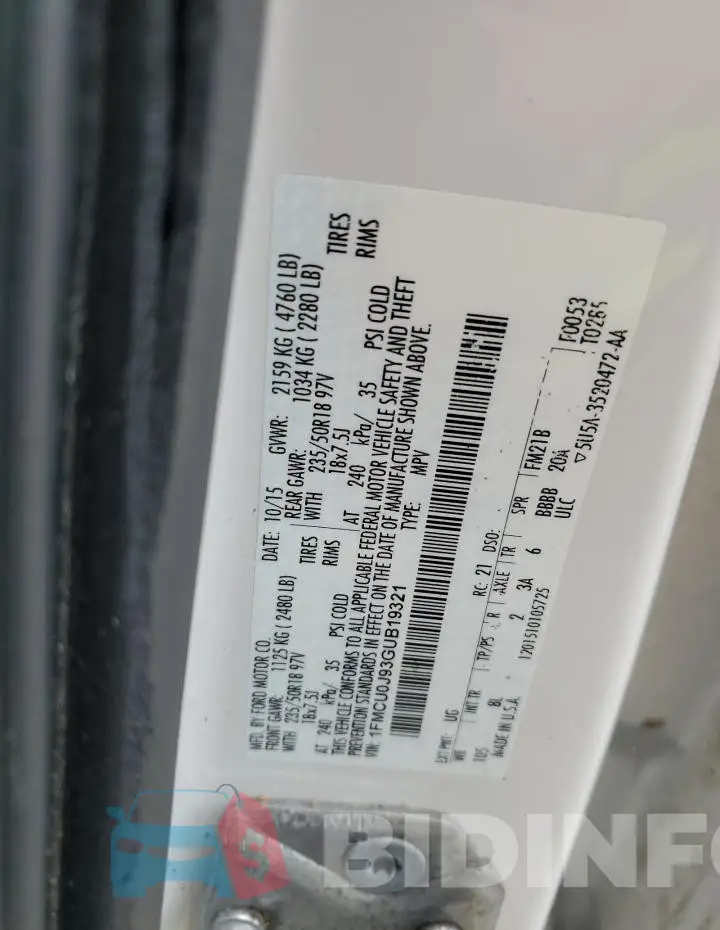 1FMCU0J93GUB19321 Photo# 13