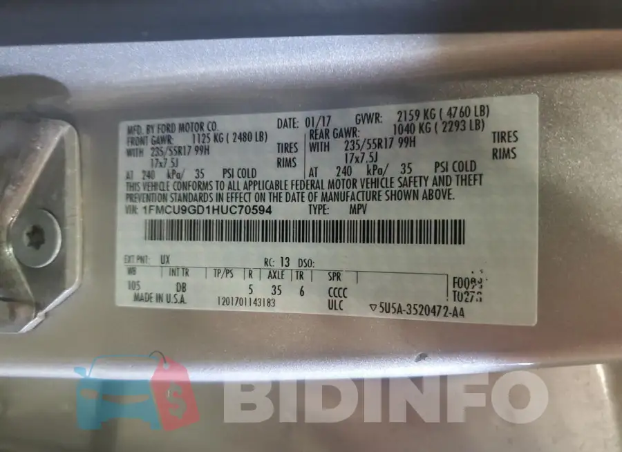 1FMCU9GD1HUC70594 Photo# 13