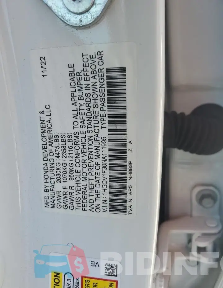 1HGCV1F30NA111995 Photo# 12