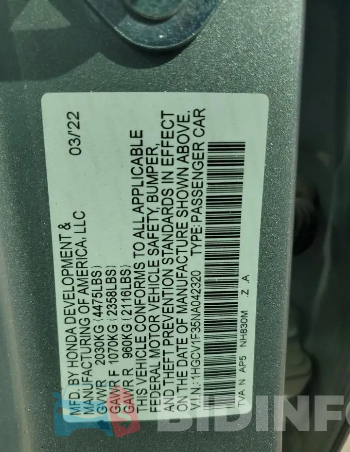 1HGCV1F35NA042320 Photo# 12