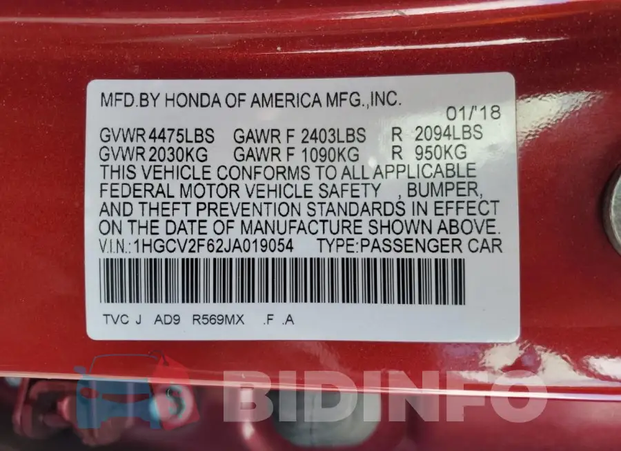 1HGCV2F62JA019054 Photo# 13