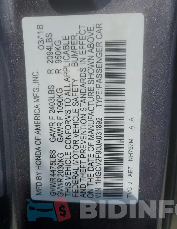 1HGCV2F90JA031892 Photo# 12