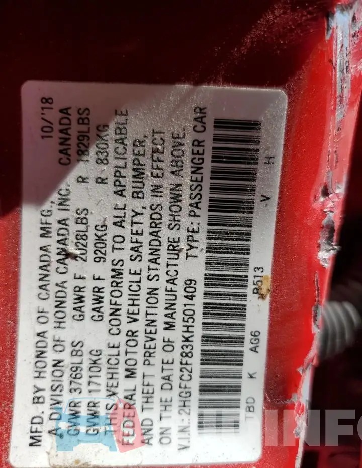 2HGFC2F83KH501409 Photo# 13