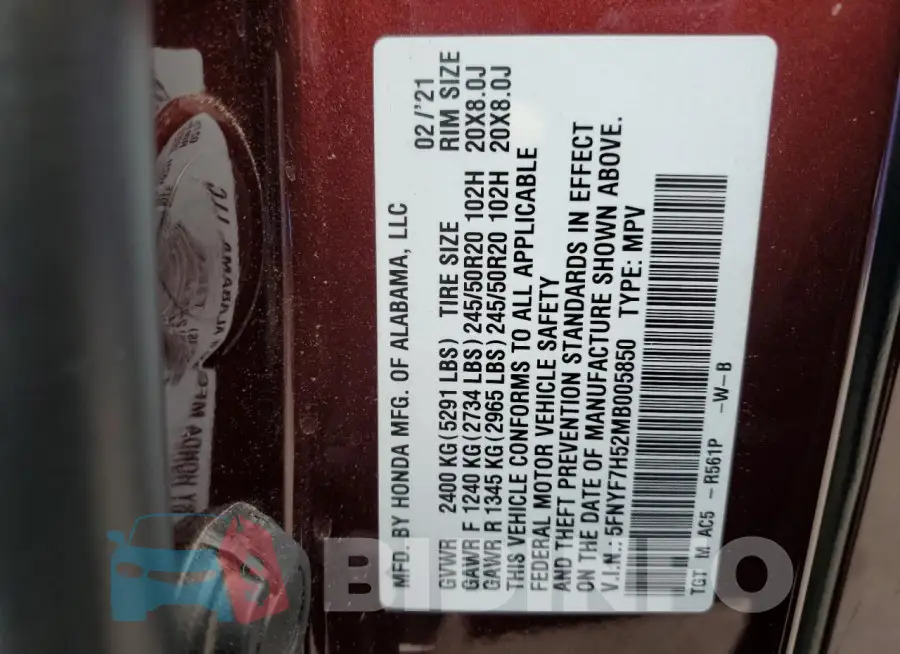 5FNYF7H52MB005850 Photo# 13