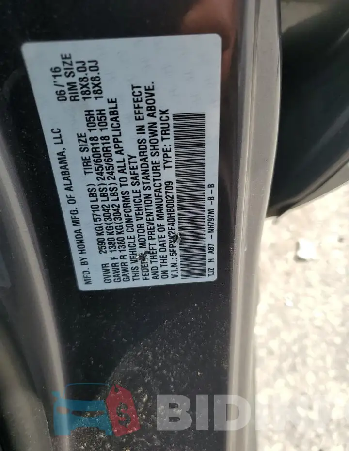 5FPYK2F40HB002709 Photo# 12