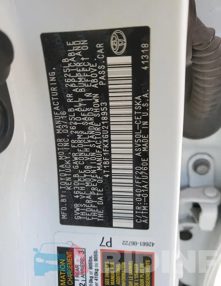 4T1BF1FKXGU218953 Photo# 13
