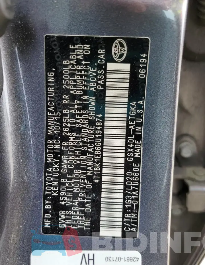 4T1BK1EB6GU194874 Photo# 12