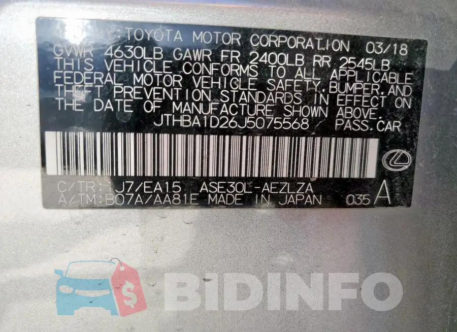 JTHBA1D26J5075568 Photo# 13