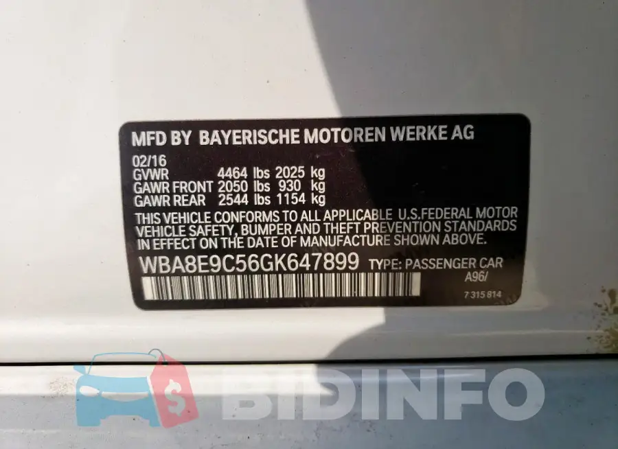 WBA8E9C56GK647899 Photo# 12