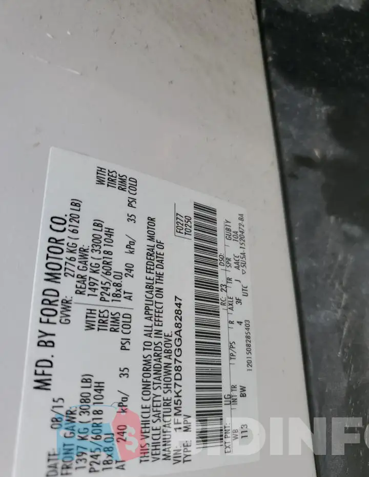 1FM5K7D87GGA82847 Photo# 13